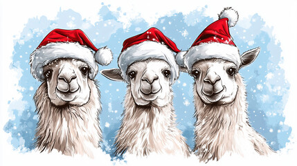 Festive Llamas Wearing Santa Hats in Snowy Wonderland

