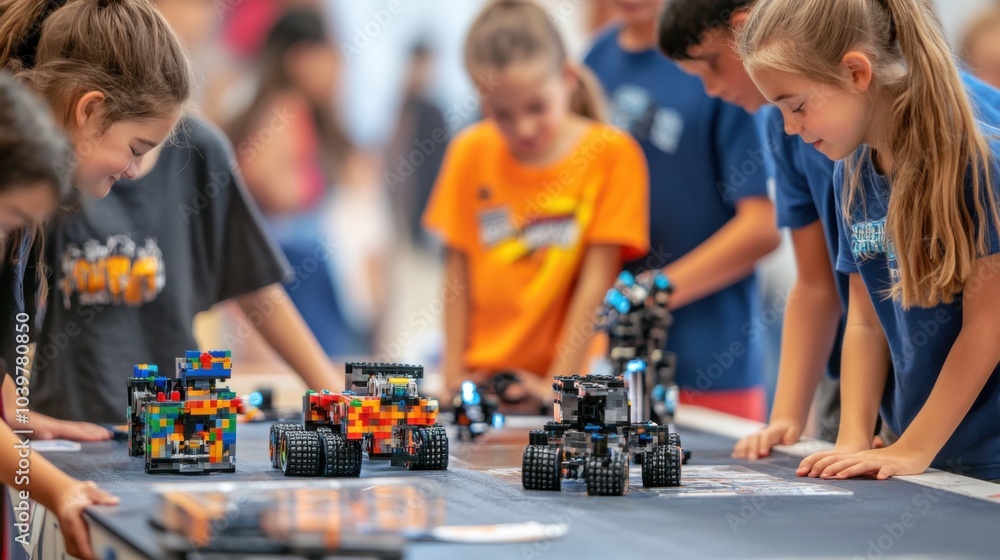 Fototapete An educational robotics competition with students programming and testing robots made from blocks, Blocks integrated into robotics competition projects, STEM education style