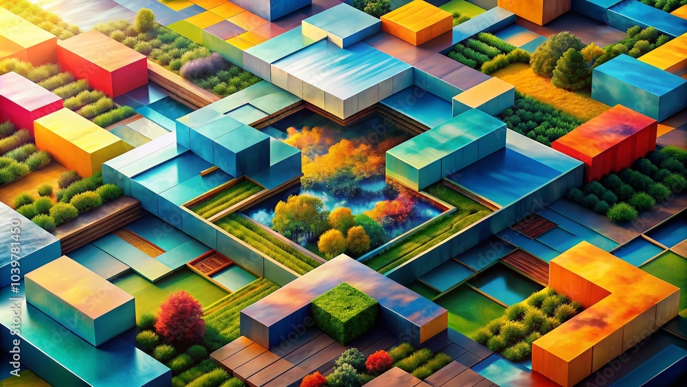 Poster abstract geometric landscape with colorful squares in a dynamic composition for modern art enthusias
