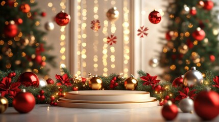 3D podium surrounded by holiday decorations festive graphics