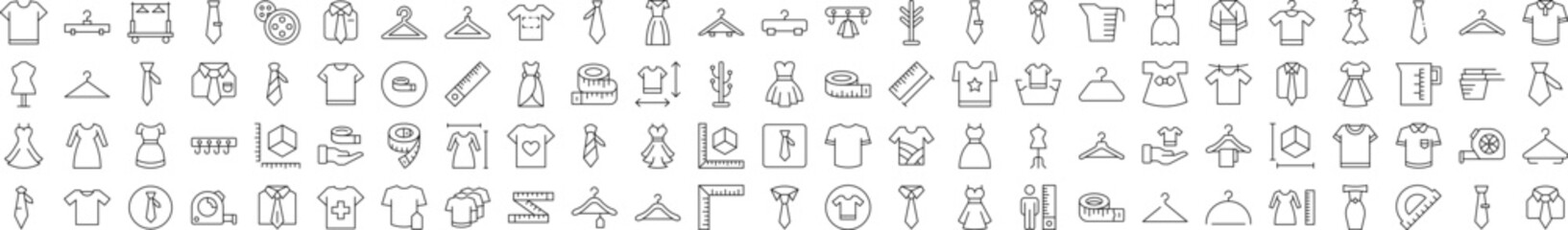 Sewing and Garment Line Icon Bundle. Modern Collection for Design, Web Sites, Apps, Cards. Contains Linear Images of T Shirt, Dress, Tie, Measuring Tape, Rack