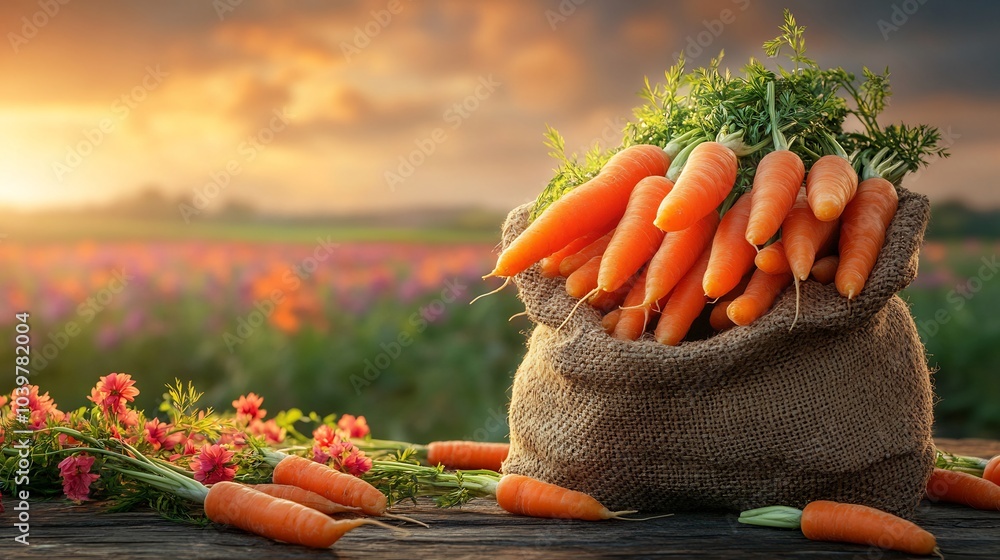 Poster burlap sack filled with earthy carrots sitting on a rustic wooden table framed by a vibrant blooming