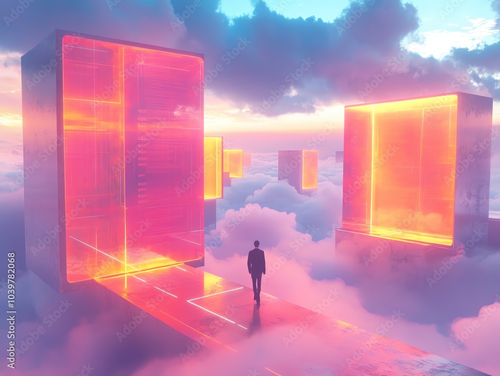 Poster a lone figure walks on a glowing path towards a futuristic portal in the clouds, surrounded by large