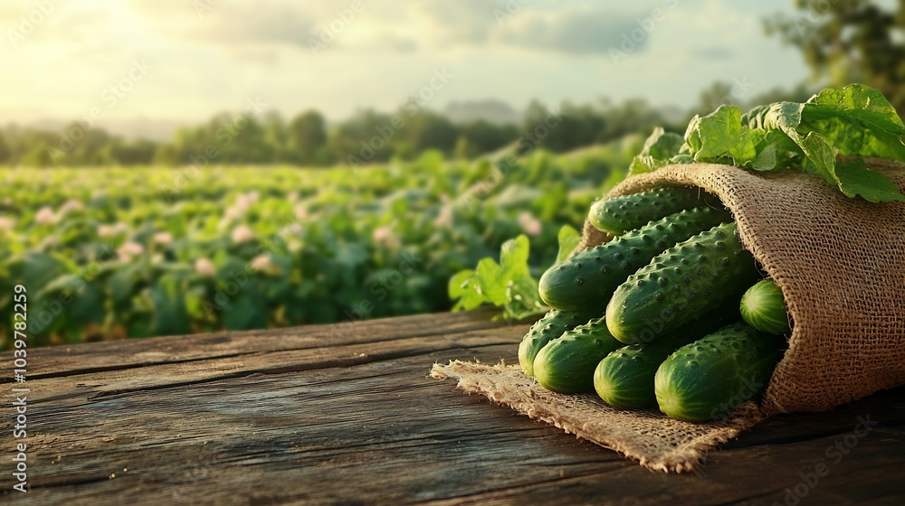 Poster burlap sack filled with fresh cucumbers resting on a wooden table complemented by a blooming agricul