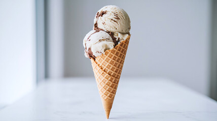 A waffle cone filled with vanilla and chocolate creamy ice cream on a bright, clean background, perfect for summer dessert themes. 