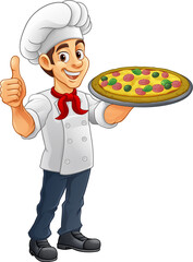 A chef cook holding a pizza cartoon food man mascot character illustration