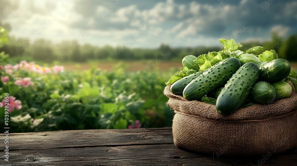 Poster burlap sack filled with fresh cucumbers resting on a wooden table complemented by a blooming agricul