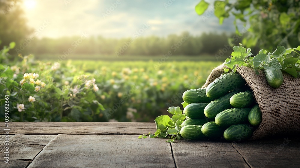 Poster burlap sack filled with fresh cucumbers resting on a wooden table complemented by a blooming agricul