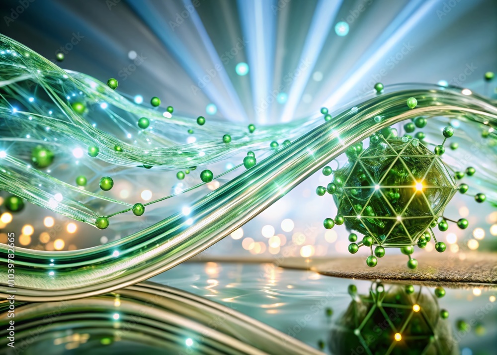 Poster abstract glowing green geometry line connection with particles in a digital wave background