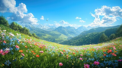 Fototapeta premium Tranquil Mountain Meadow with Wildflowers and Blue Sky