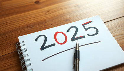 2025 Goal word on note paper with pen on wooden table. Resolution, strategy, solution, goal, business, New Year New You and happy holiday concepts isolated with white highlights, png