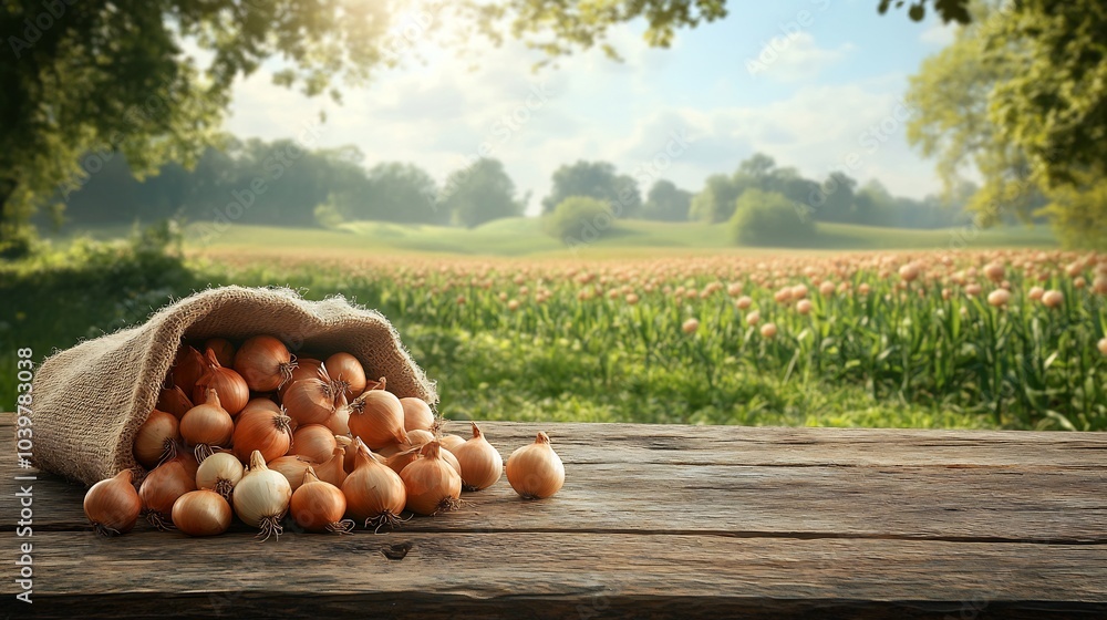 Poster burlap sack filled with fresh onions resting on a wooden table with a picturesque blooming agricultu