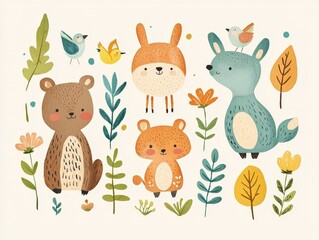 Naklejka premium Cute Woodland Animals Illustration Adorable Forest Creatures Hand Drawn Nursery Decor