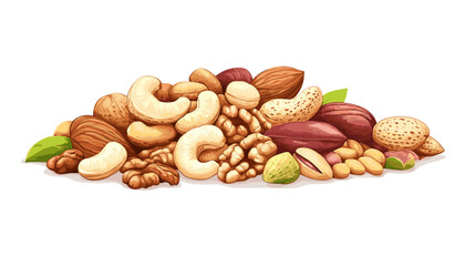 Vector illustration of a pile of different nuts includes cashew, walnuts, macadamia, brazil nut, pecan, hazelnut, peanut, pistachios, nutmeg, pine nuts, almonds