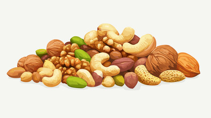 Vector illustration of a pile of different nuts includes cashew, walnuts, macadamia, brazil nut, pecan, hazelnut, peanut, pistachios, nutmeg, pine nuts, almonds