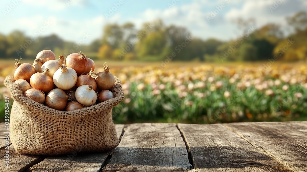 Aufkleber burlap sack filled with fresh onions resting on a wooden table with a picturesque blooming agricultu