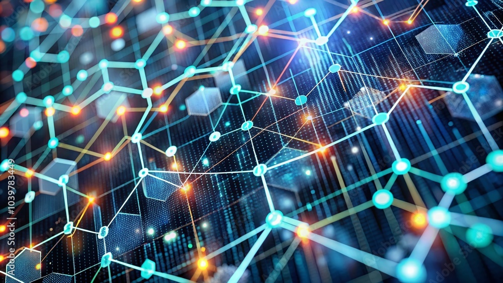 Aufkleber abstract gray financial chart with connected nodes and hexagonal patterns in night photography style
