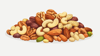 Vector illustration of a pile of different nuts includes cashew, walnuts, macadamia, brazil nut, pecan, hazelnut, peanut, pistachios, nutmeg, pine nuts, almonds