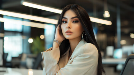 Beautiful Businesswoman Sitting at Her Desk in a Modern Office
