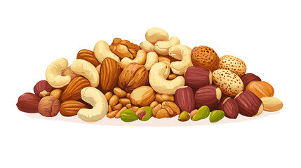 Vector illustration of a pile of different nuts includes cashew, walnuts, macadamia, brazil nut, pecan, hazelnut, peanut, pistachios, nutmeg, pine nuts, almonds