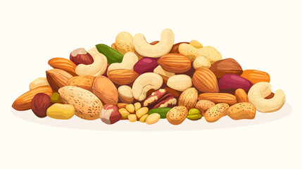 Vector illustration of a pile of different nuts includes cashew, walnuts, macadamia, brazil nut, pecan, hazelnut, peanut, pistachios, nutmeg, pine nuts, almonds