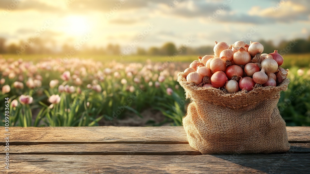 Poster burlap sack filled with fresh onions resting on a wooden table with a picturesque blooming agricultu