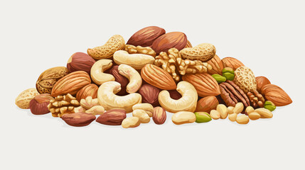 Vector illustration of a pile of different nuts includes cashew, walnuts, macadamia, brazil nut, pecan, hazelnut, peanut, pistachios, nutmeg, pine nuts, almonds