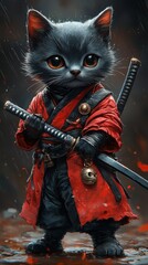 Naklejka premium Chibi Cat Hero: Dynamic Dual Katanas Strike