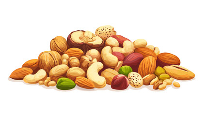Vector illustration of a pile of different nuts includes cashew, walnuts, macadamia, brazil nut, pecan, hazelnut, peanut, pistachios, nutmeg, pine nuts, almonds