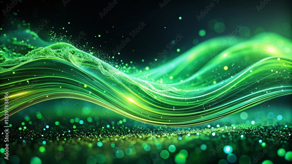 Poster abstract green wave with glowing particles for dynamic visual effect