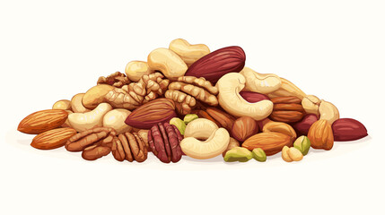 Vector illustration of a pile of different nuts includes cashew, walnuts, macadamia, brazil nut, pecan, hazelnut, peanut, pistachios, nutmeg, pine nuts, almonds