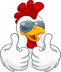 A chicken rooster cockerel bird cartoon character in cool shades or sunglasses giving a double thumbs up