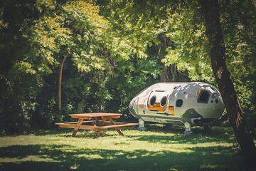 Obraz premium An elegantly designed spacecraft resting beside a wooden picnic table