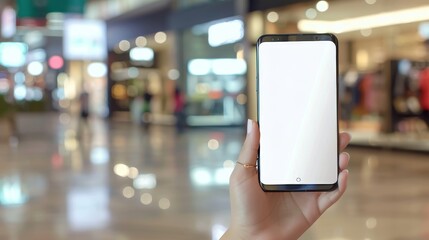 Blank smartphone screen in busy shopping mall environment..Mock up. Copy space