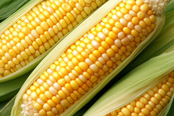 Close-up of fresh yellow corn with green husks, highlighting vibrant kernels and natural textures.