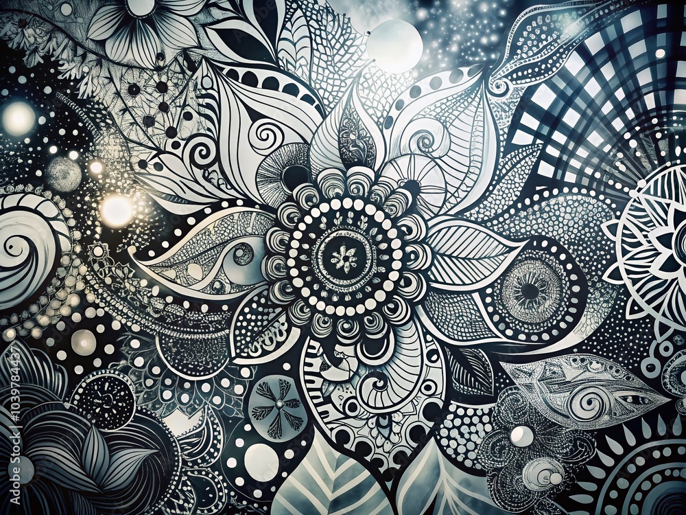 Poster abstract handdrawn black and white doodle pattern with unique forms for creative design projects