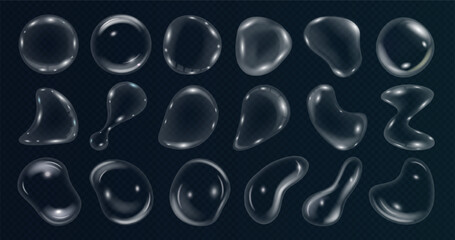Realistic 3d glass water drop, glossy liquid soap bubble and transparent fluid shape with holographic light effect and iridescent gradient color isolated on black background. Shiny water bubble icon.
