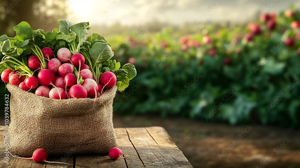 Poster burlap sack overflowing with vibrant radishes resting on a wooden table surrounded by a lush bloomin