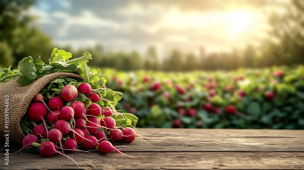 Poster burlap sack overflowing with vibrant radishes resting on a wooden table surrounded by a lush bloomin