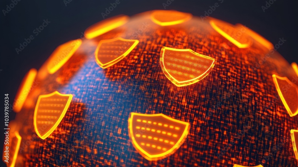 Poster an abstract representation of digital security with glowing shields, symbolizing protection and cybe