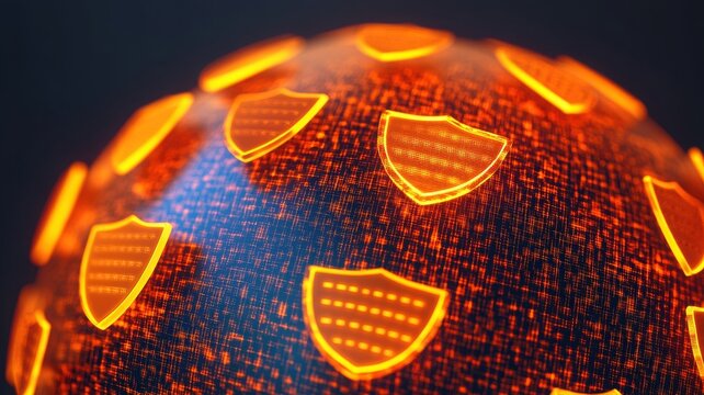 An abstract representation of digital security with glowing shields, symbolizing protection and cybersecurity in technology.