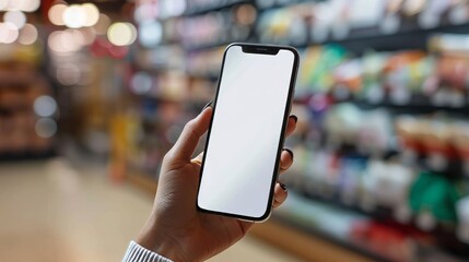 Hand holding smartphone with blank screen in grocery store aisle..Mock up. Copy space