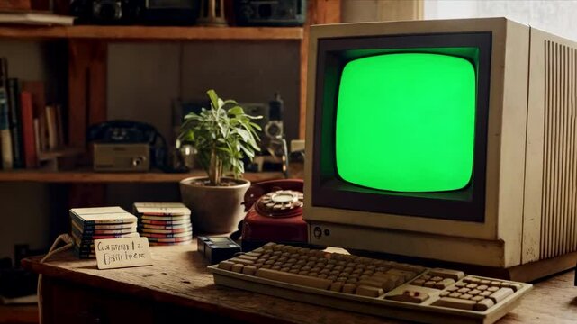 Old vintage computer with a green screen