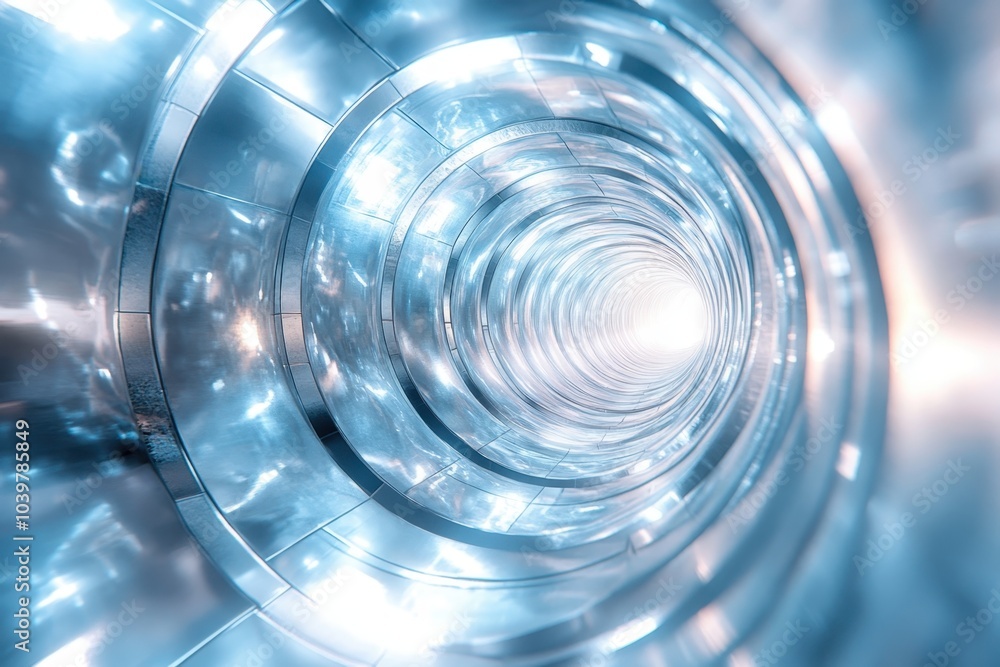 Poster a bright, swirling tunnel of light creating a mesmerizing depth illusion in a futuristic environment