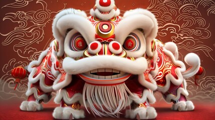 Decorative chinese lion dance in colorful traditional costume with red background.