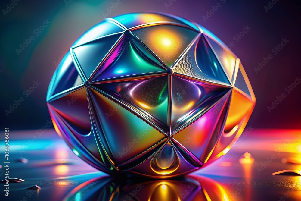 Poster abstract metallic shape with holographic gradient in 3d render for modern design and art application