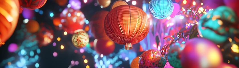 Fototapeta premium Colorful Christmas ornaments with bokeh lights