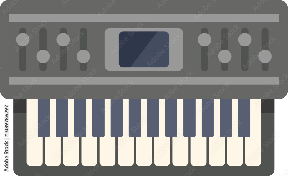 Poster digital piano synthesizer keyboard presenting keys and buttons for sound recording studio and music 