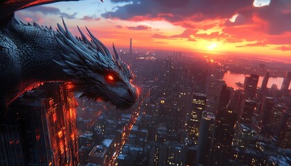 Fototapeta premium Eye-level angle of a majestic dragon perched on a skyscrapers edge