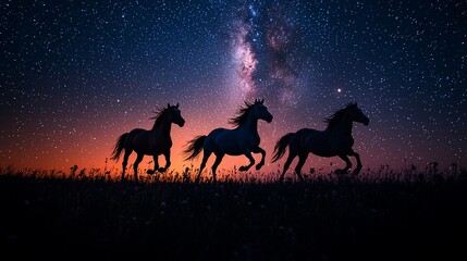 Three horses running in a field at night with the Milky Way in the background.